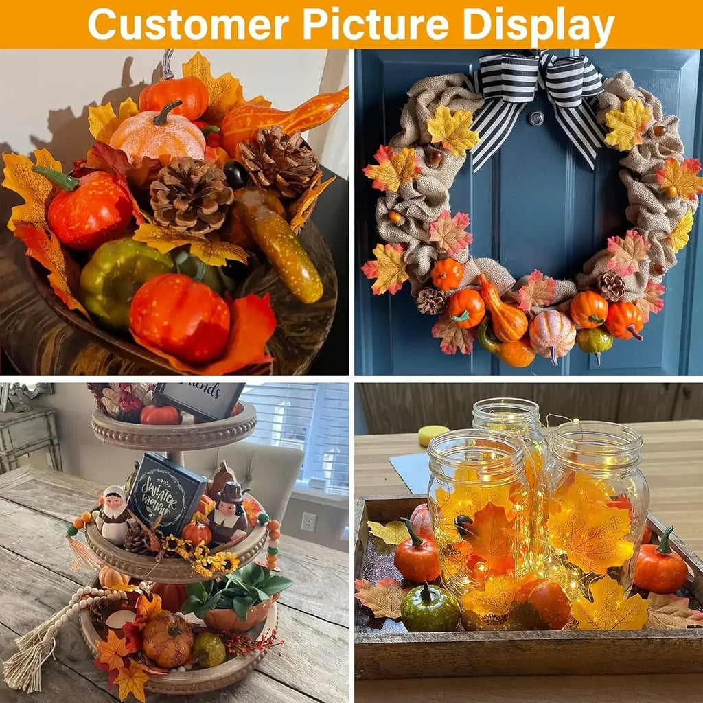 50Pcs Thanksgiving Artificial Pumpkins Set with Leaf Acorns Pine Cones for Autumn Festival Halloween Home Table Decoration