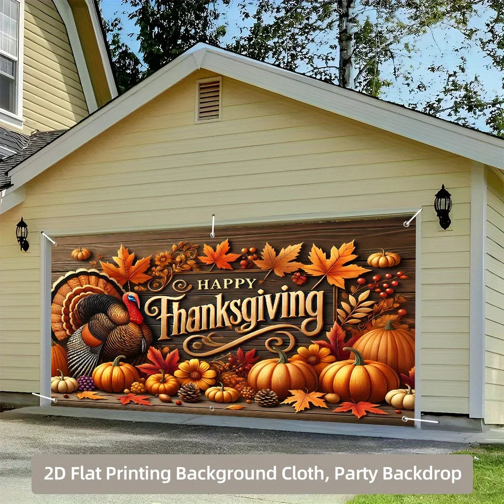 Thanksgiving Garage Door Banner - Thanksgiving Decoration with Turkey, Pumpkin, and Autumn Leaf Patterns