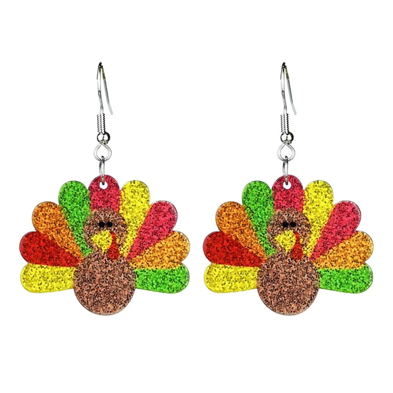 New Autumn Thanksgiving Earrings Turkey Pumpkin Pie Maple Leaf Coffee Sunflower Sparkling Acrylic Earrings Thanksgiving Gift