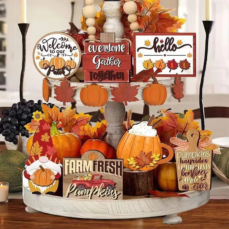 Thanksgiving Day Wooden Desktop Ornament Table Decoration Fall Harvest Tiered Tray Decor Pumpkin Maple Leaf Accents Farmhouse