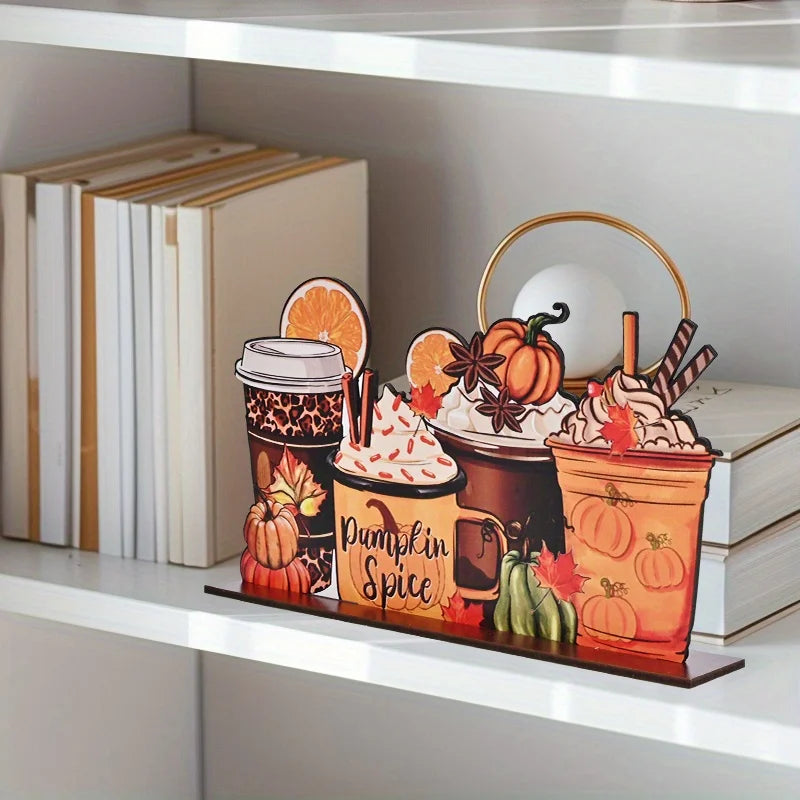 1pc, Thanksgiving Day Fall Autumn Drink Coffee Ice Cream Lemon Pumpkin Wooden Splicing Desktop Ornament, Home Holiday Decor