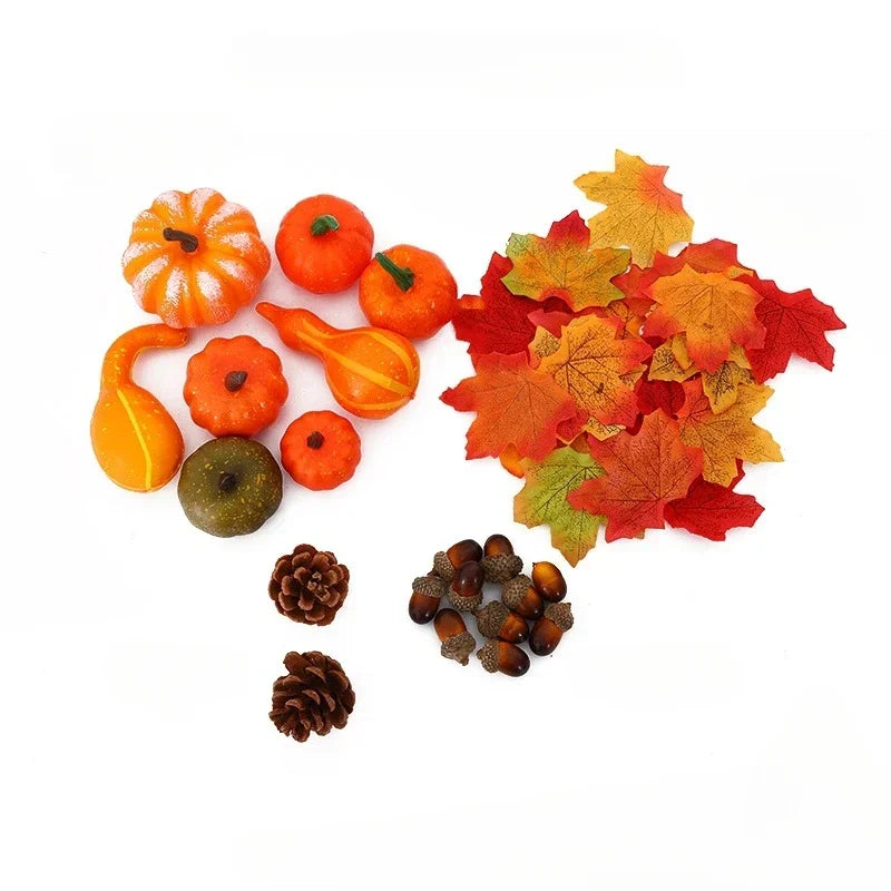 50Pcs Thanksgiving Artificial Pumpkins Set with Leaf Acorns Pine Cones for Autumn Festival Halloween Home Table Decoration