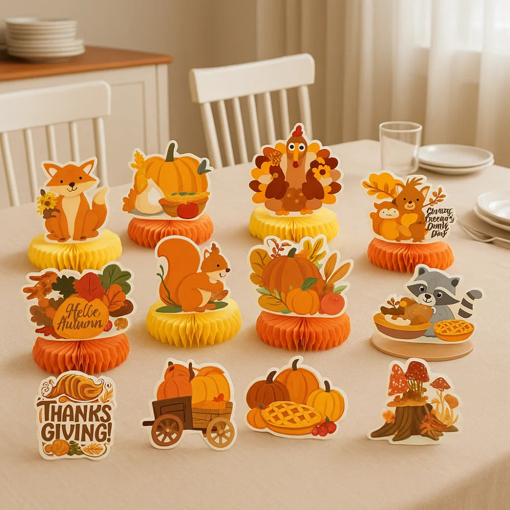 12pcs Autumn Style Thanksgiving Honeycomb Ball Decor Handmade Celebration Honeycomb Desktop Ornament Pumpkin Turkey Paper