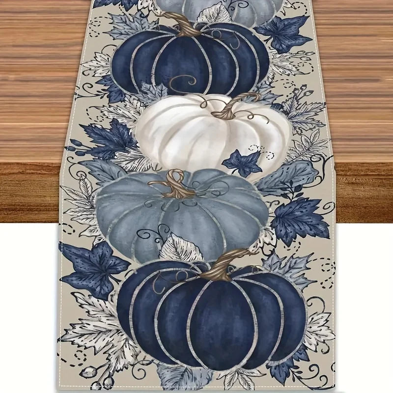 1pc Thanksgiving pumpkin maple leaf table flag, blue and white village style, farmhouse restaurant holiday decoration