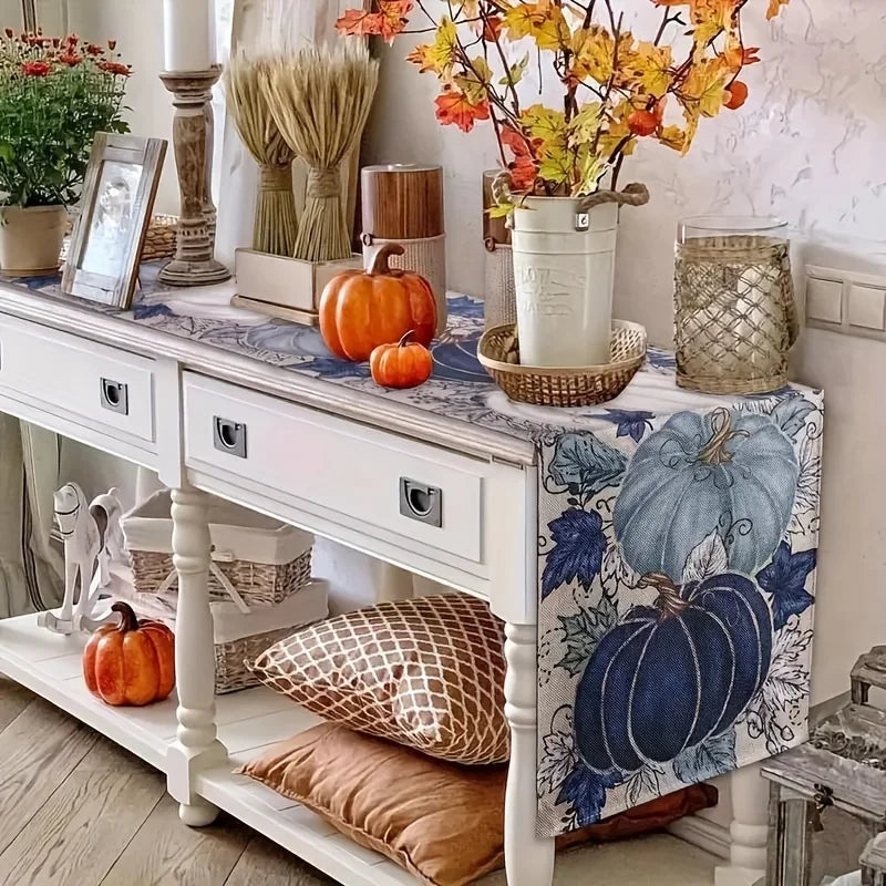 1pc Thanksgiving pumpkin maple leaf table flag, blue and white village style, farmhouse restaurant holiday decoration