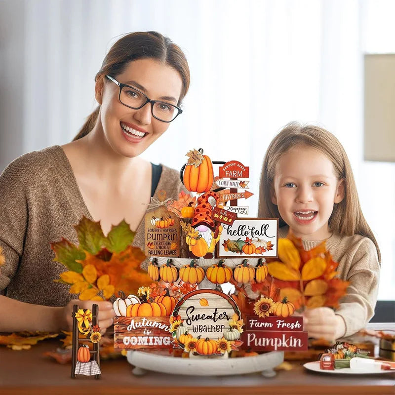 Thanksgiving Day Wooden Desktop Ornament Table Decoration Fall Harvest Tiered Tray Decor Pumpkin Maple Leaf Accents Farmhouse