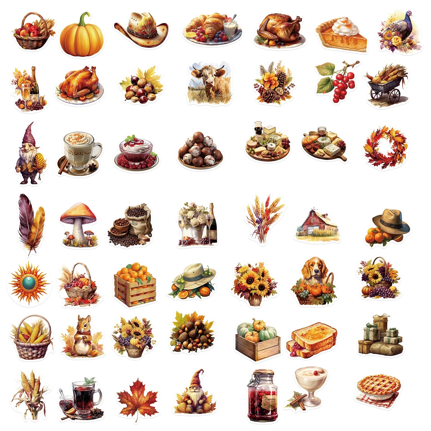 50Pcs Cartoon Thanksgiving Day Sticker Funny Pumpkin Turkey Autumn Maple Leaf Graffiti Decals DIY Laptop Luggage Skateboard
