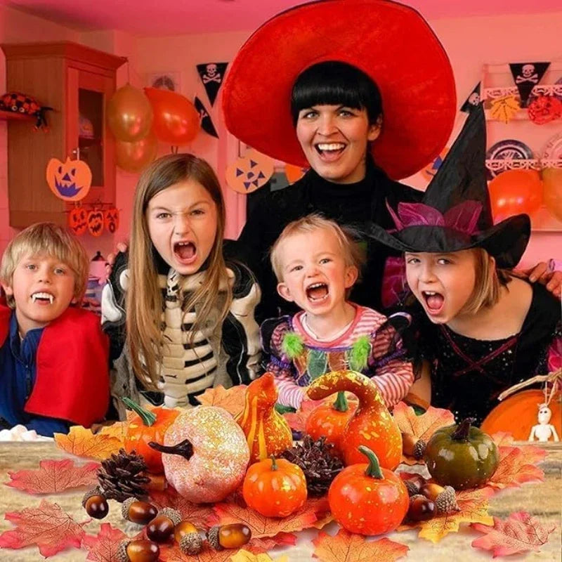 50Pcs Thanksgiving Artificial Pumpkins Set with Leaf Acorns Pine Cones for Autumn Festival Halloween Home Table Decoration