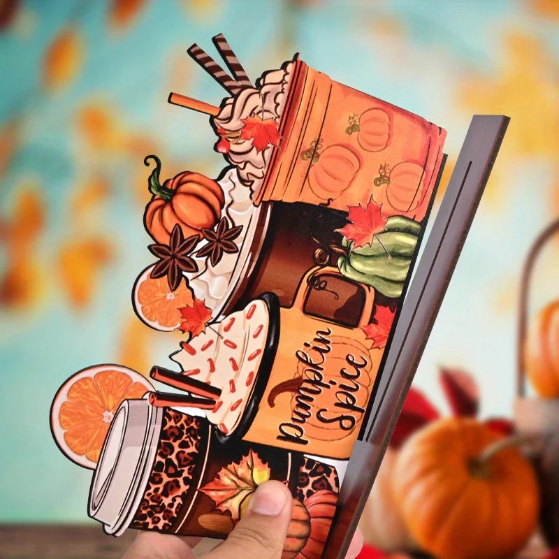 1pc, Thanksgiving Day Fall Autumn Drink Coffee Ice Cream Lemon Pumpkin Wooden Splicing Desktop Ornament, Home Holiday Decor