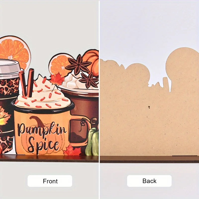 1pc, Thanksgiving Day Fall Autumn Drink Coffee Ice Cream Lemon Pumpkin Wooden Splicing Desktop Ornament, Home Holiday Decor